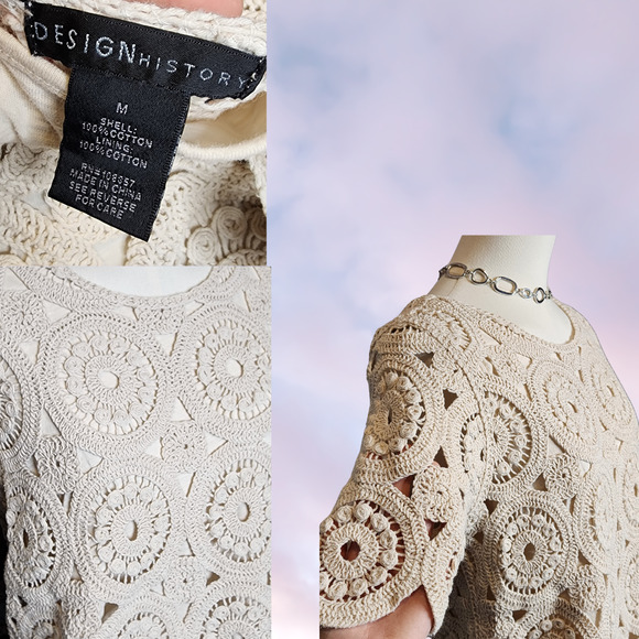 Vtg 90s Y2k Design History Crochet Knit Boho Hippie Cotton Simple Cream Top Sz M - Picture 5 of 5